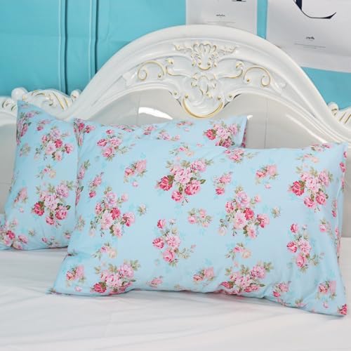 Cotton Pillow Cases Standard Size Set of 2, Flower Printed Queen Pillowcases, Premium Quality Machine Washable