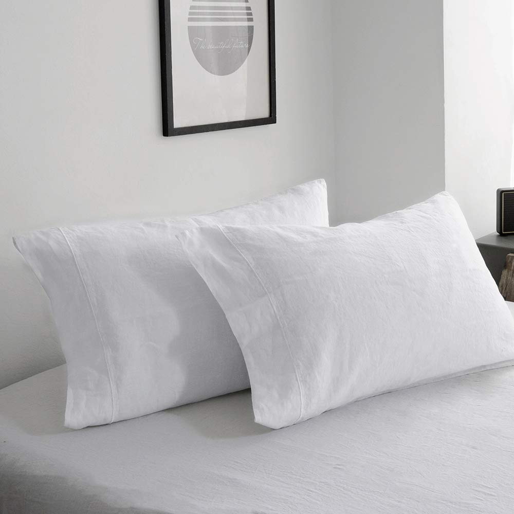 Simple&Opulence 100% French Linen Pillowcase Queen Size-Set of 2- Washed Solid Color Pillow Cases Embroidered -Soft and Durable (Linen, 20''x30'')