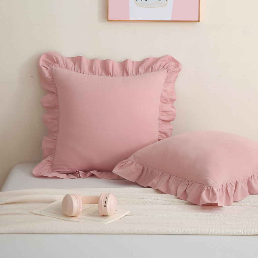 Silnuo Taupe/White Gingham Plaid Ruffled Pillow Covers Queen Size Set of 2