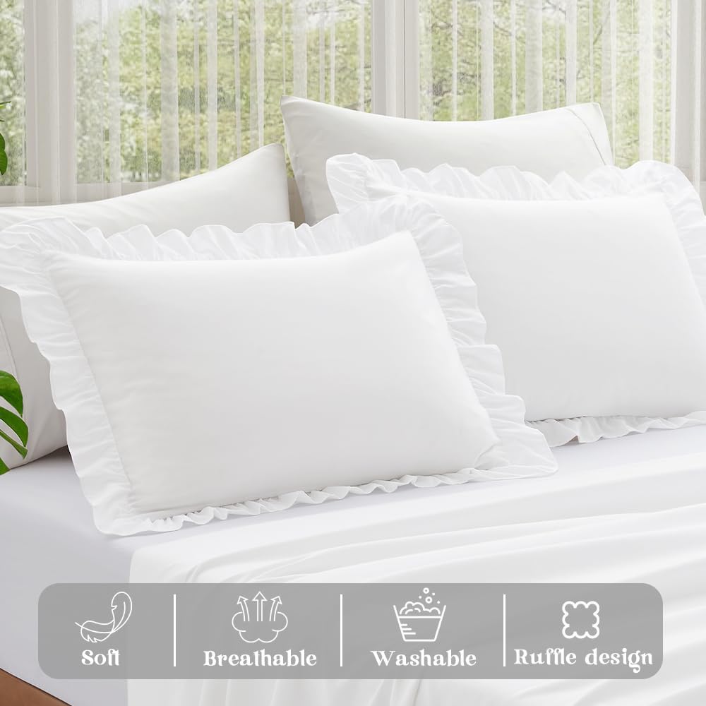 KKJIAF Ruffle Pillow Cases King Size Set of 2, White