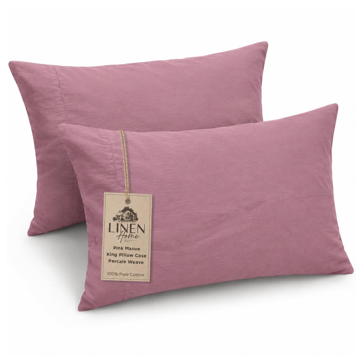 Linen Home Classic 100% Cotton Percale Pillowcases Queen Size, 2 Pieces, Crisp Cool All-Season Breathable Pillowcases, Hotel Luxury, Long-Staple Combed Cotton, Pink Mauve, 20 x 30 Inches