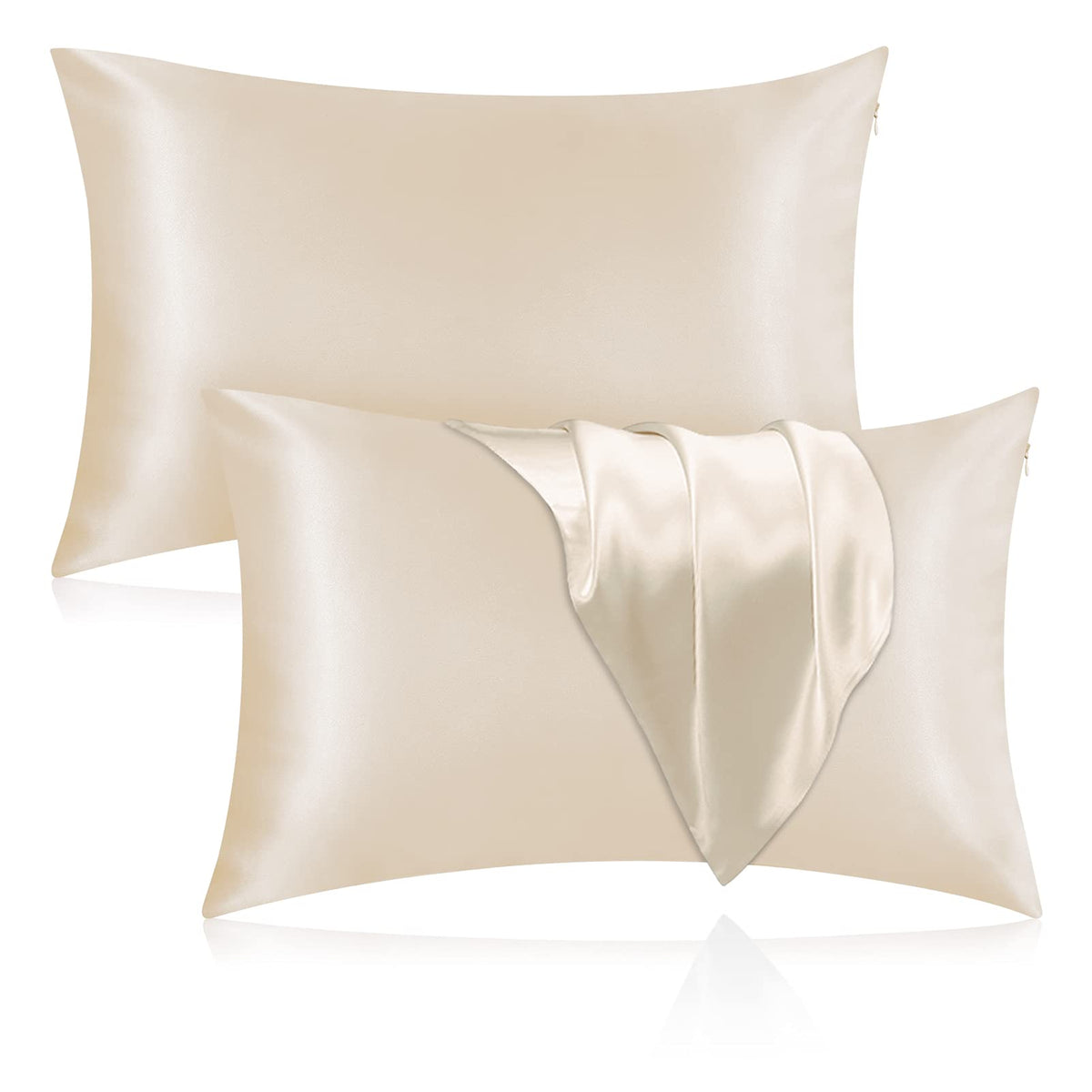 Silk Pillowcase for Hair and Skin, 2 Pack 100% Mulberry Silk Pillowcase 25 Momme, 600 Thread Count, Both Side Pure Silk Pillow Cover with Hidden Zipper (Beige, Standard 20''×26'')