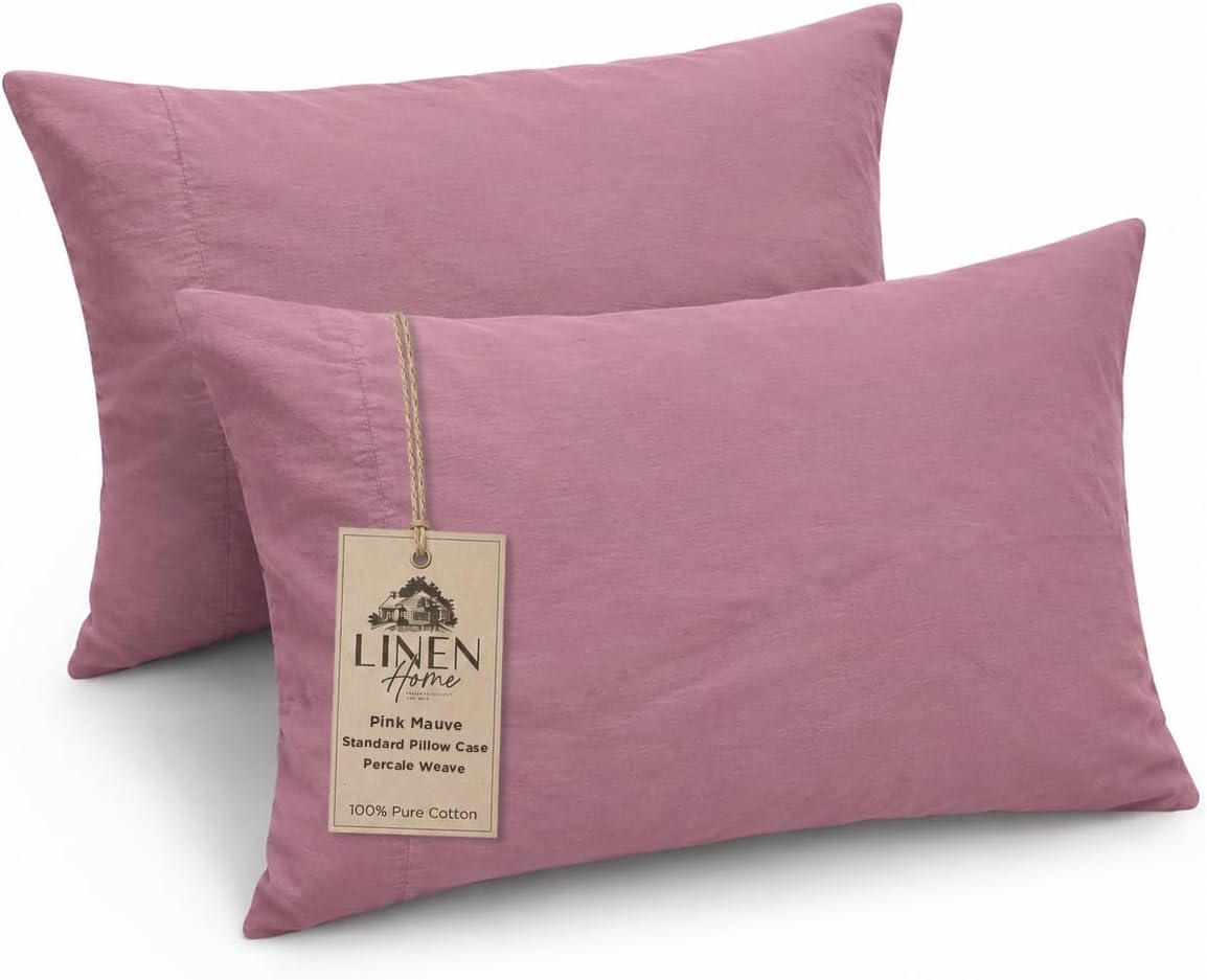 Linen Home Classic 100% Cotton Percale Pillowcases Queen Size, 2 Pieces, Crisp Cool All-Season Breathable Pillowcases, Hotel Luxury, Long-Staple Combed Cotton, Pink Mauve, 20 x 30 Inches