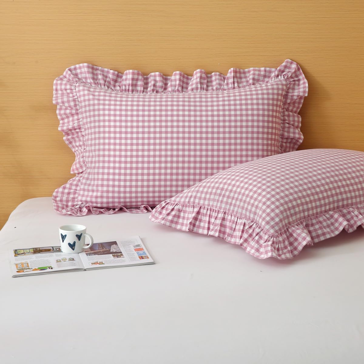 Silnuo Taupe/White Gingham Plaid Ruffled Pillow Covers Queen Size Set of 2