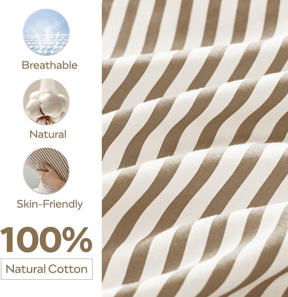JELLYMONI Cotton Classic Striped Pillowcases Set of 2, Tan, Standard