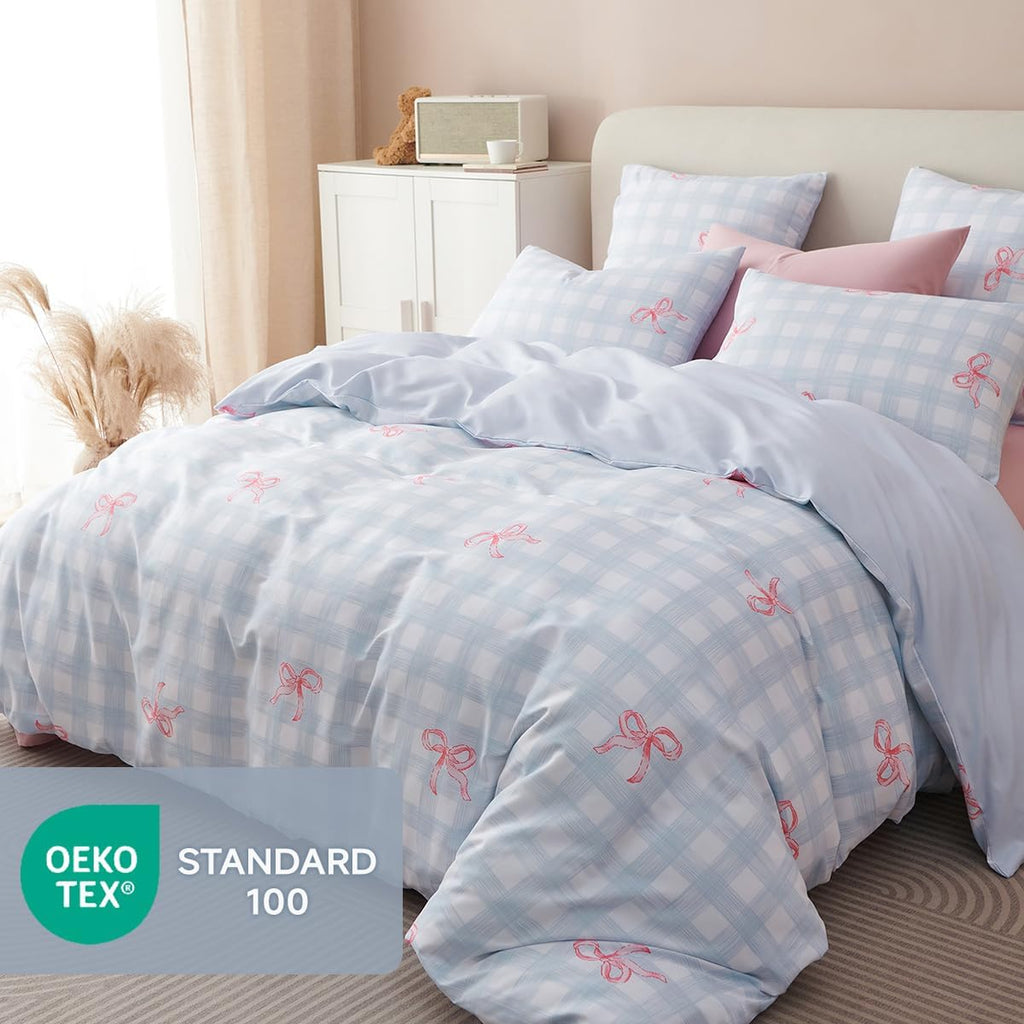 Plaid Comforter Set Full Blue Gingham Pink Bow Bedding Set