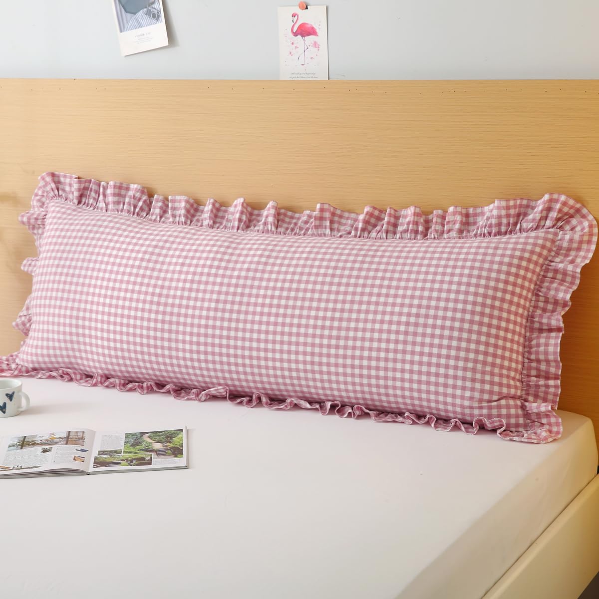 Silnuo Taupe/White Gingham Plaid Ruffled Pillow Covers Queen Size Set of 2