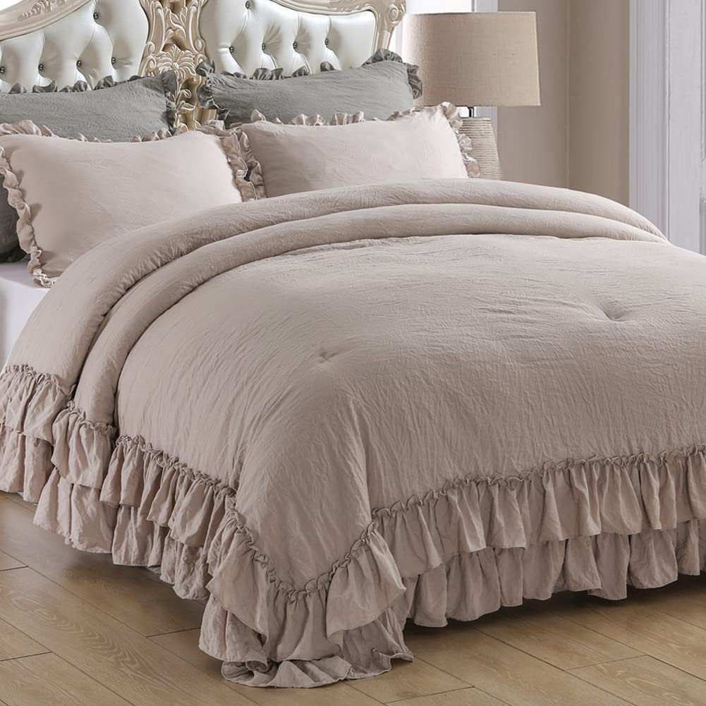 Masaca Ruffled Comforter Set Queen,Farmhouse Shabby Boho Chic Bedding Wheat and White Ruffle Comforter Vintage Rustic French Country Elegant Bedding Set 3PCS