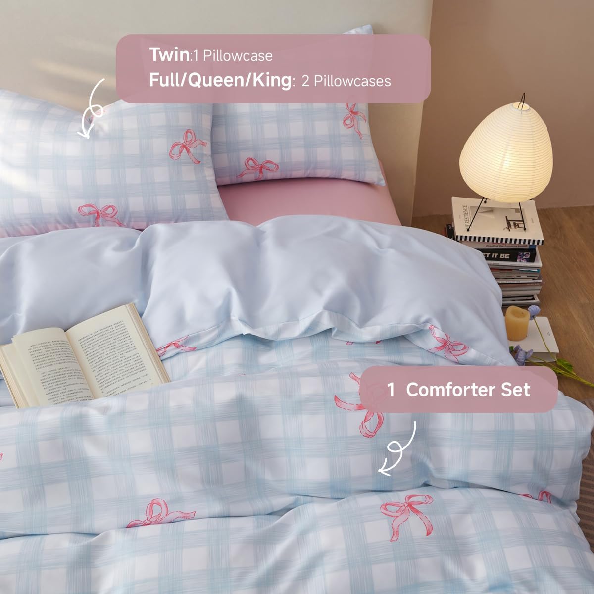 Plaid Comforter Set Full Blue Gingham Pink Bow Bedding Set