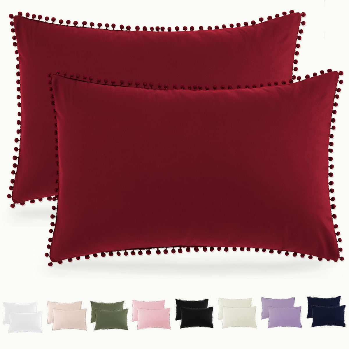 Pom Poms Pillow Shams King Size Set of 2, Olive Green Decorative Pillowcases with Envelope Closure, Soft Microfiber Shams Cover with Pom Pom Trim, Wrinkle Resistant (20 x 36 Inches)