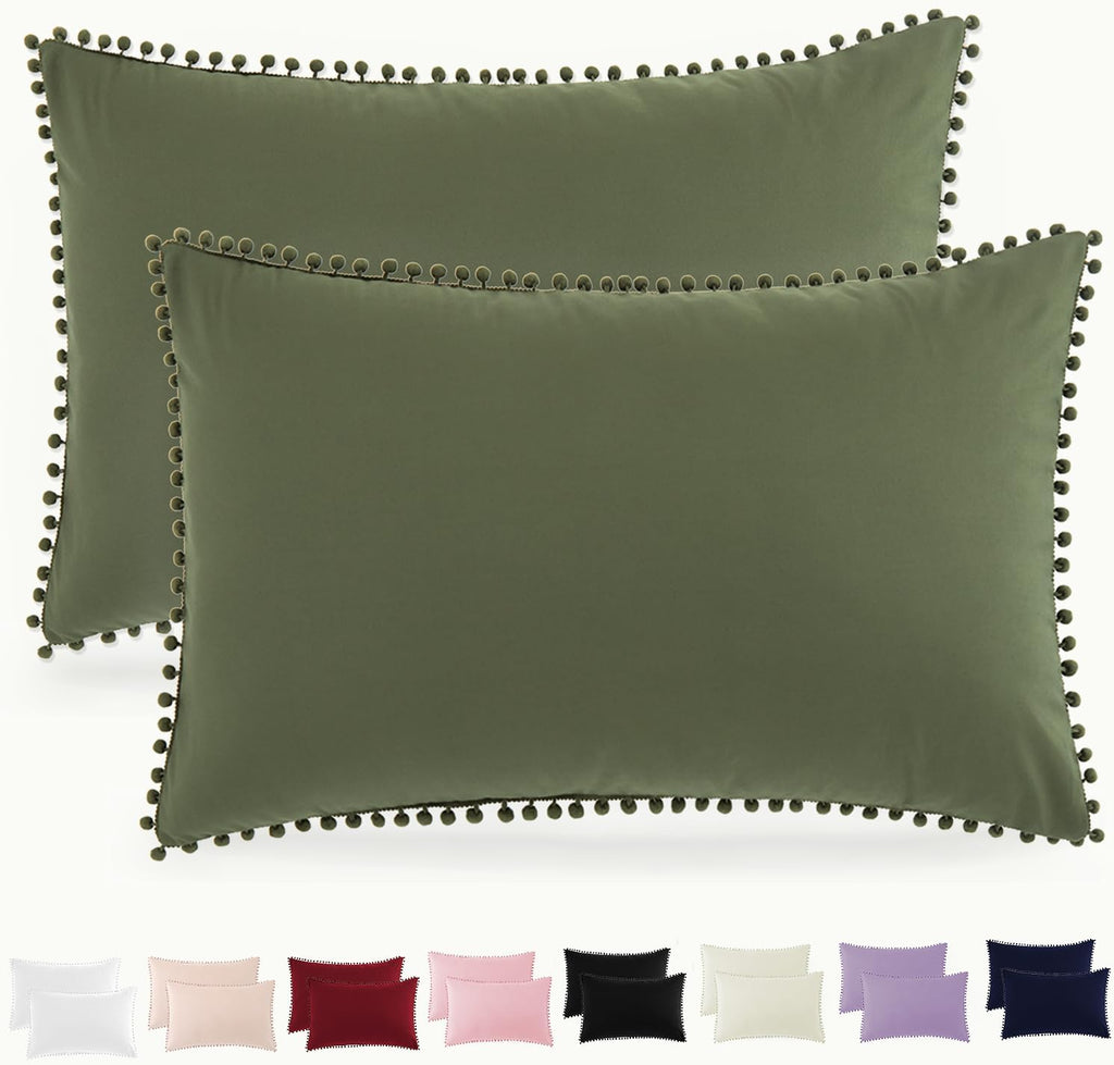 Pom Poms Pillow Shams King Size Set of 2, Olive Green Decorative Pillowcases with Envelope Closure, Soft Microfiber Shams Cover with Pom Pom Trim, Wrinkle Resistant (20 x 36 Inches)