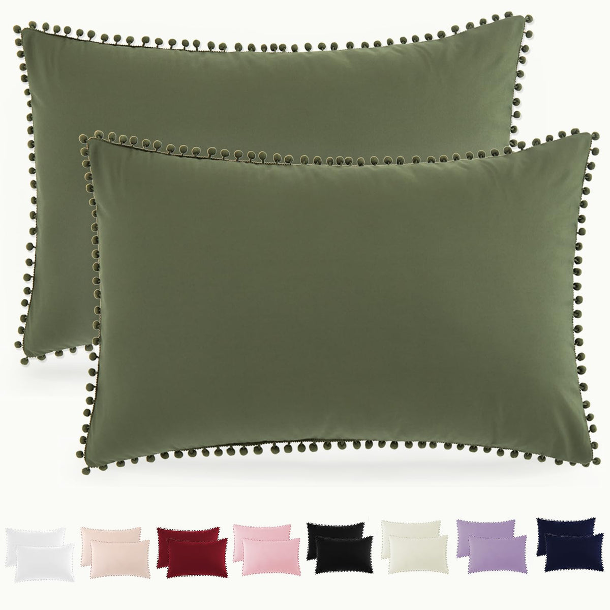 Pom Poms Pillow Shams King Size Set of 2, Olive Green Decorative Pillowcases with Envelope Closure, Soft Microfiber Shams Cover with Pom Pom Trim, Wrinkle Resistant (20 x 36 Inches)