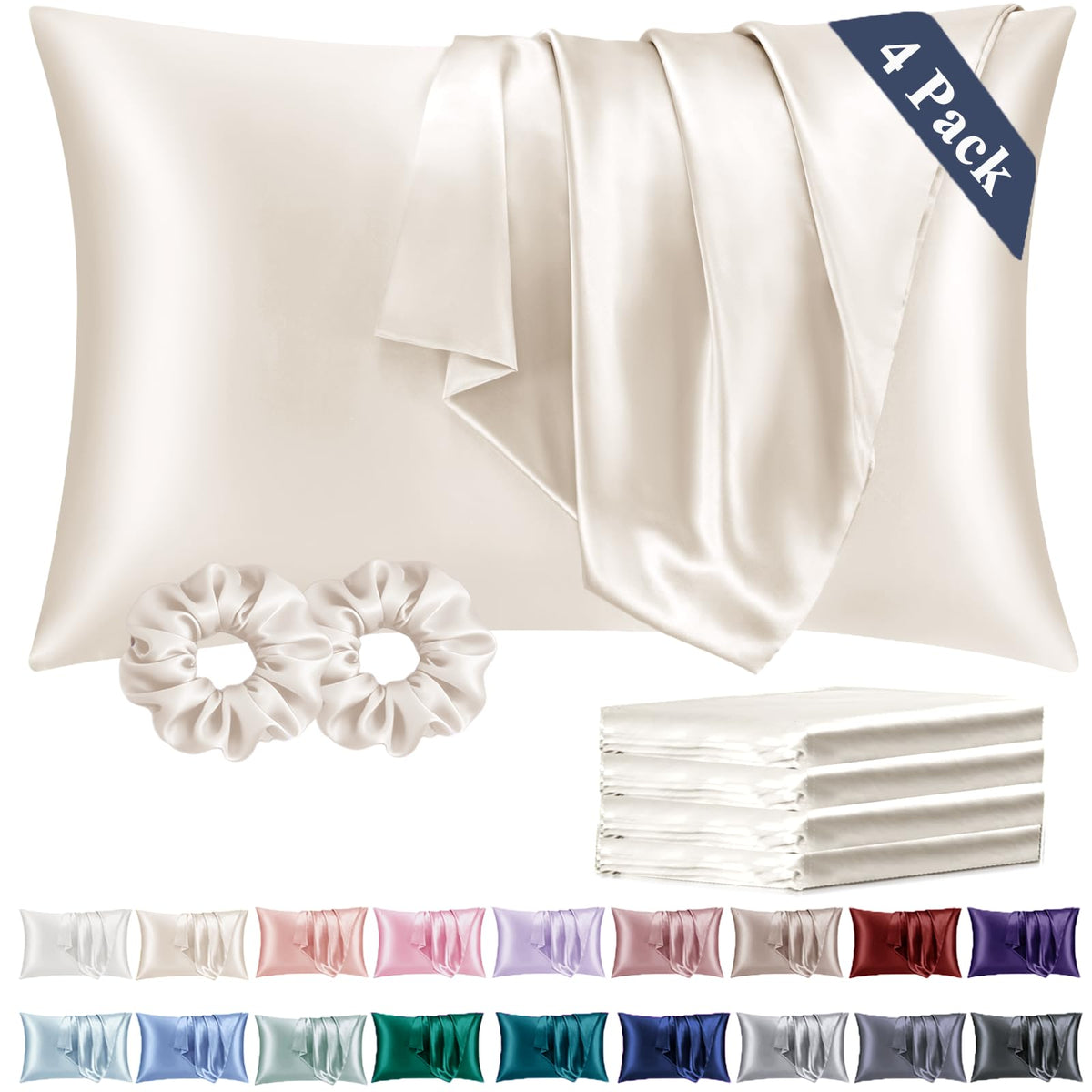 Vielit Queen Satin Pillowcase for Hair 2pc,Similar to Silk Pillow Cases,Easier Care Than Silk Pillowcase,Gifts for Women Men,Beige,20x30 & Envelope Closure and 2 Satin Scrunchies