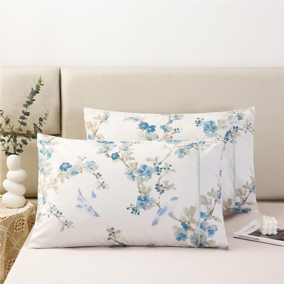 URBONUR 100% Cotton Pillowcases Set of 2 Standard Size Floral Printed Butterfly Pillow Cases Soft Breathable Cooling Pillowcase Decorative Pillow Cover (Standard, 20x26 Inches, Green Flowers)