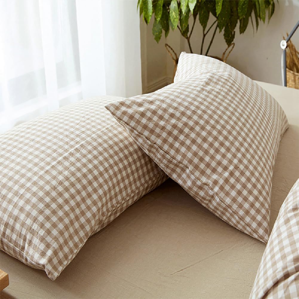 Tan Gingham Pillowcases Set Farmhouse Standard Size Pillow Shams Buffalo Taupe Plaid Pillowcases Set of 2, Grid Checkered Gingham Washed Cotton Pillow Covers with Envelope Closure, 20"×26"