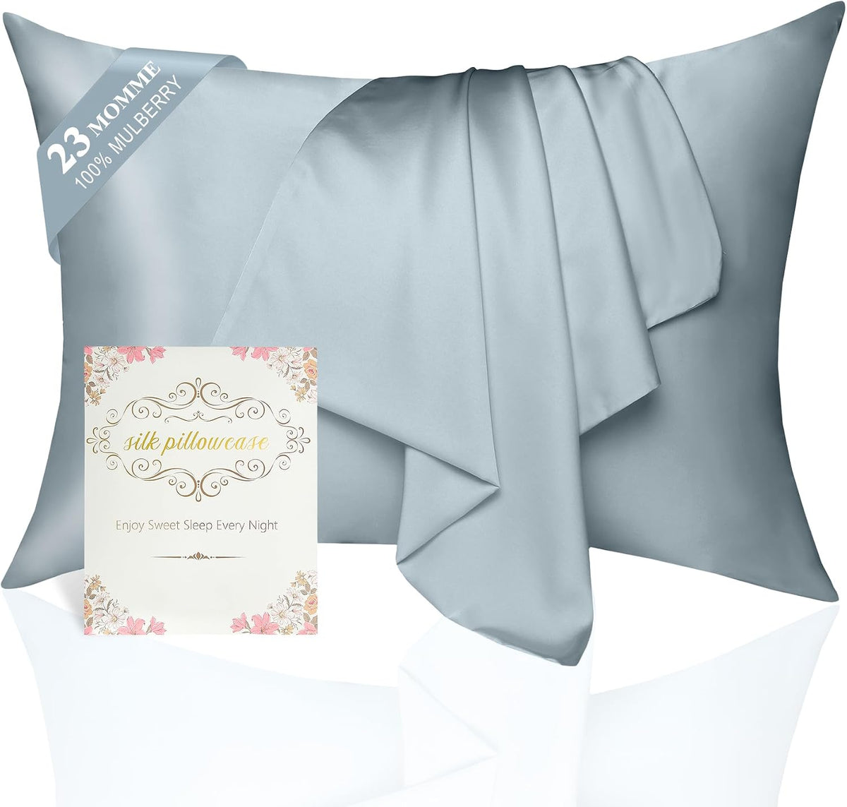 100% Mulberry Silk Pillowcase 2 Pack for Hair and Skin,Standard Size 6A Grade 23 Momme Pure Natural Silk Pillow Case,Soft Silk Pillow Cases with Hidden Zipper (Ash Blue, Standard(20''×26''))