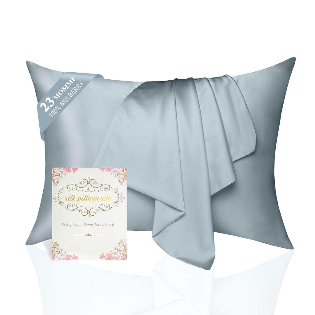 100% Mulberry Silk Pillowcase 2 Pack for Hair and Skin,Standard Size 6A Grade 23 Momme Pure Natural Silk Pillow Case,Soft Silk Pillow Cases with Hidden Zipper (Ash Blue, Standard(20''×26''))