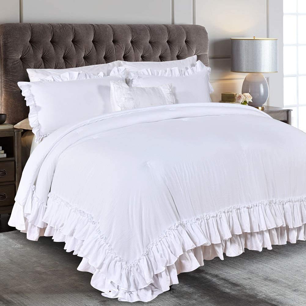 QSH Queen's House Light Blue Farmhouse Ruffled King Size Comforter Set,Lightweight Microfiber Inner Fill Fluffy Boho Chic Bedding Comforter,Ultra Soft Microfiber Inner Fill Bedding