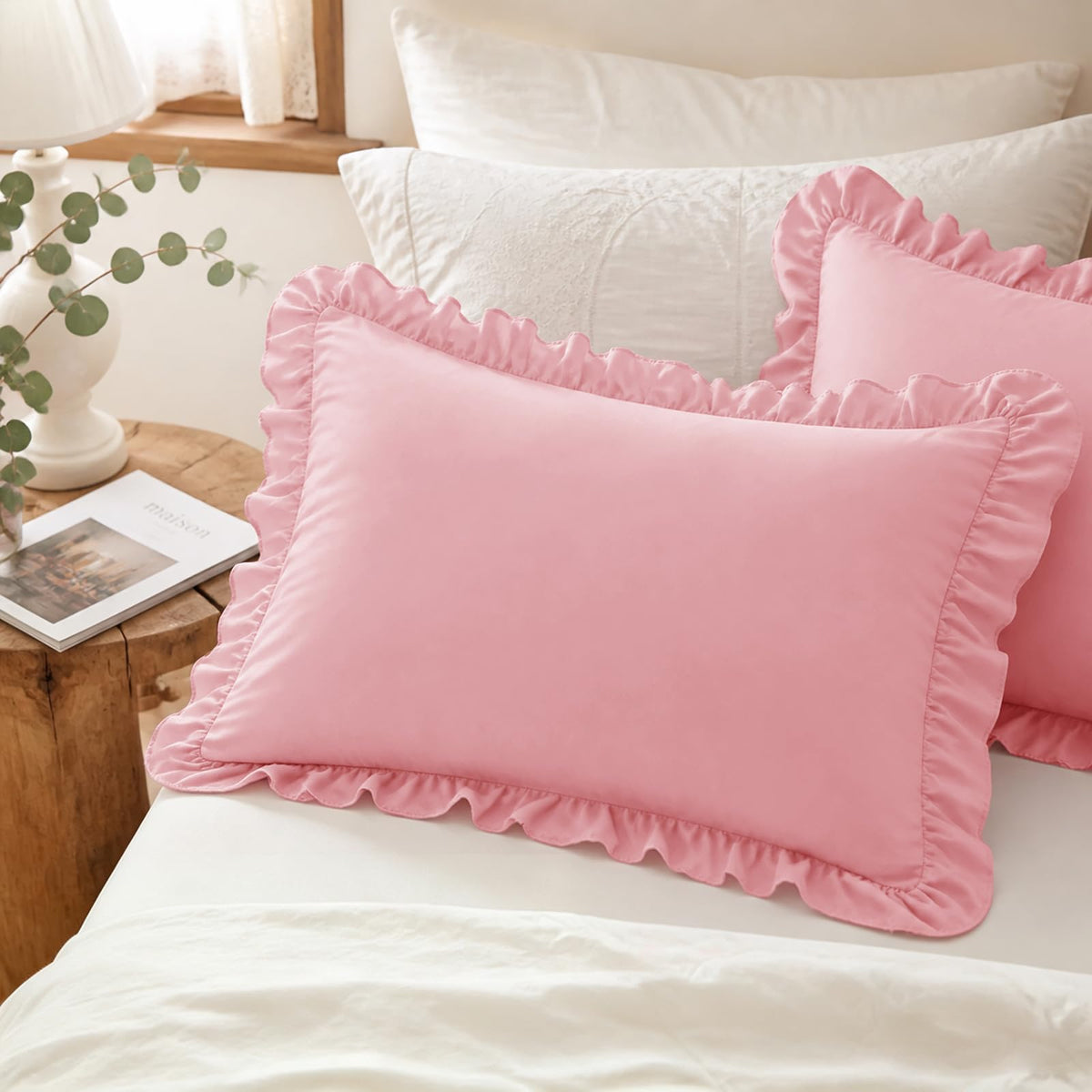 Homiest Ruffle Pillow Cases Standard Set of 2, White, 20x26 in