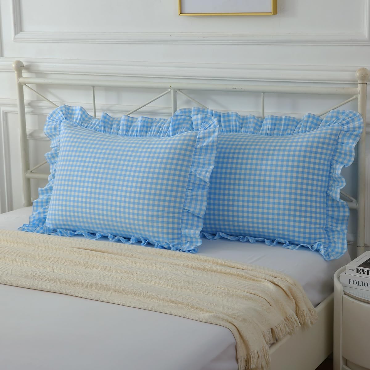Mywinlle Taupe Plaid Gingham Ruffle Decorative Throw Pillow Covers 18"x18"