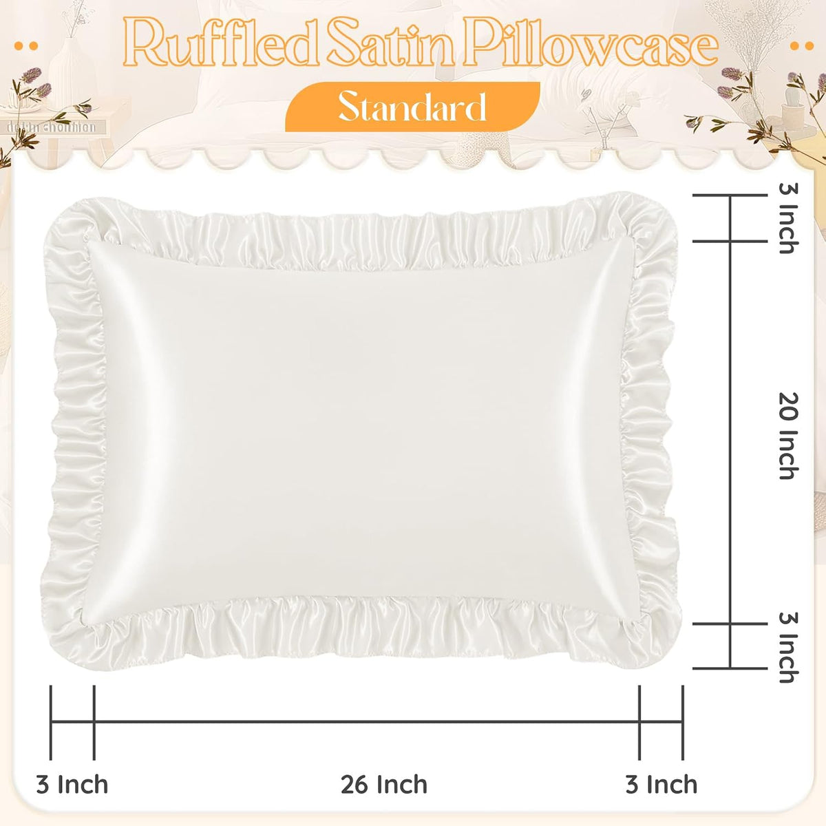 NSGZ Ruffled Satin Pillowcase Set of 2, Standard 20x26 Inch, Ivory White