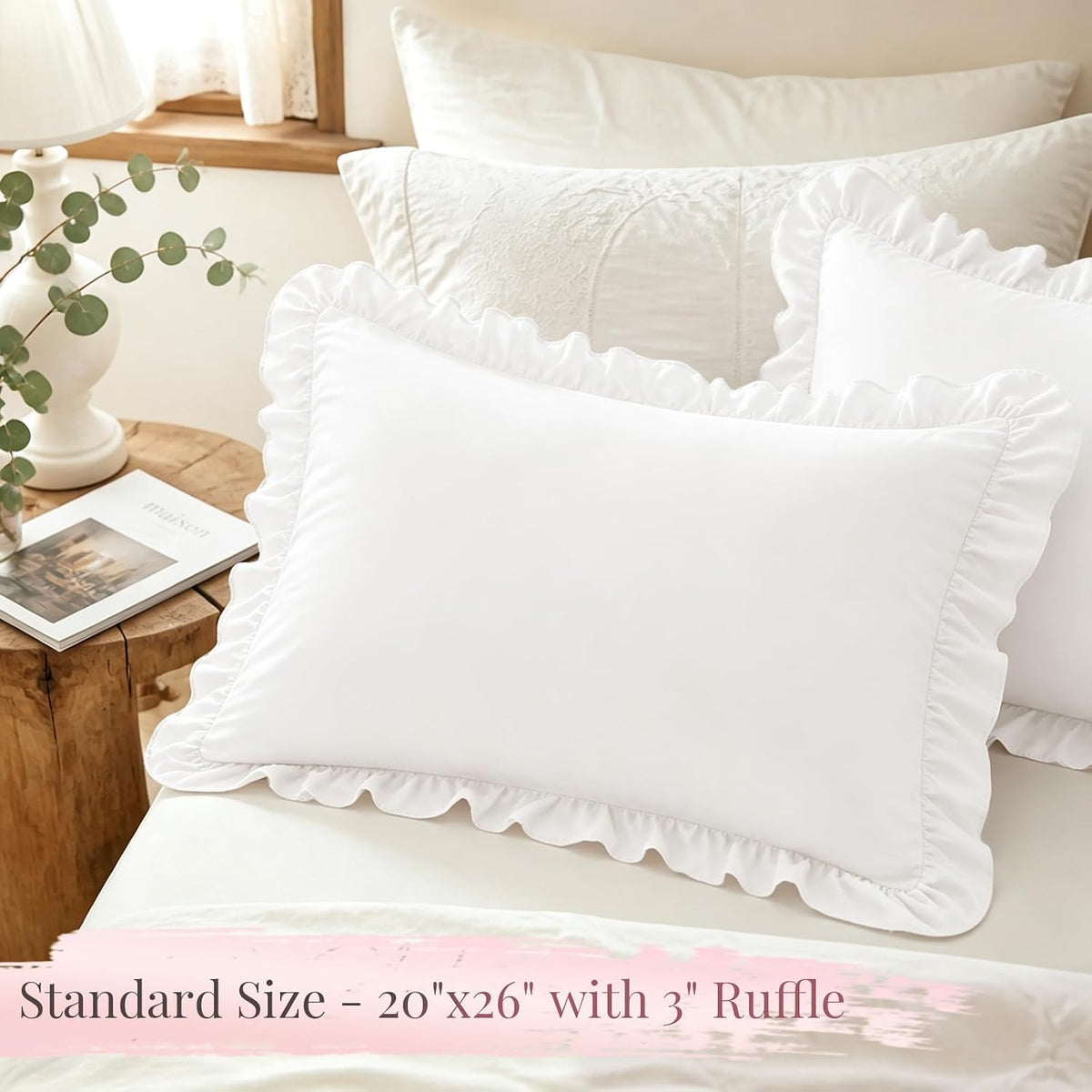 Homiest Ruffle Pillow Cases Standard Set of 2, White, 20x26 in