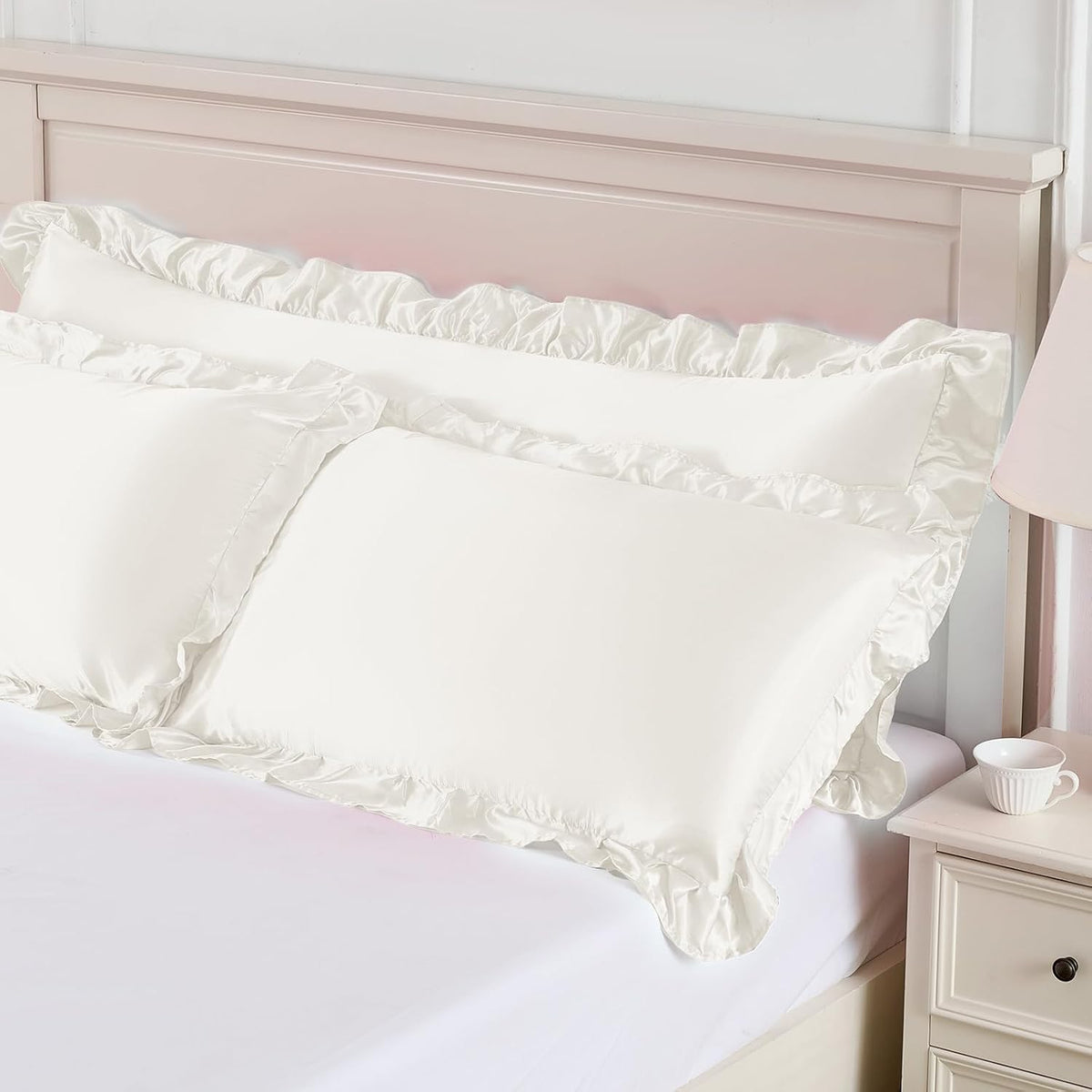 NSGZ Ruffled Satin Pillowcase Set of 2, Standard 20x26 Inch, Ivory White