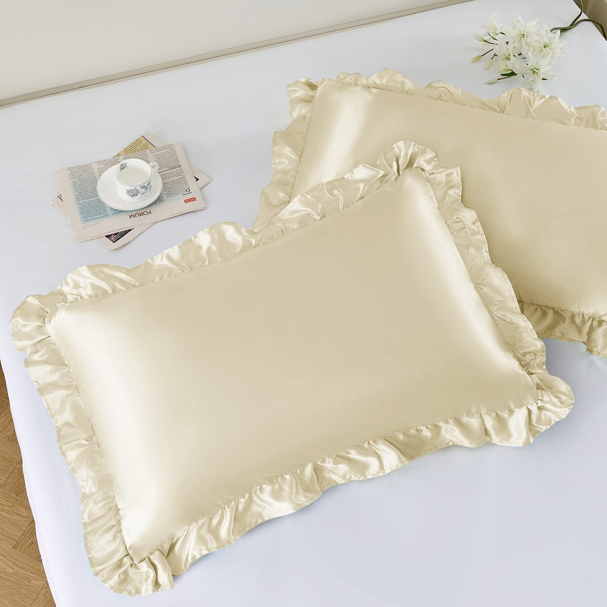 NSGZ Ruffled Satin Pillowcase Set of 2, Standard 20x26 Inch, Ivory White