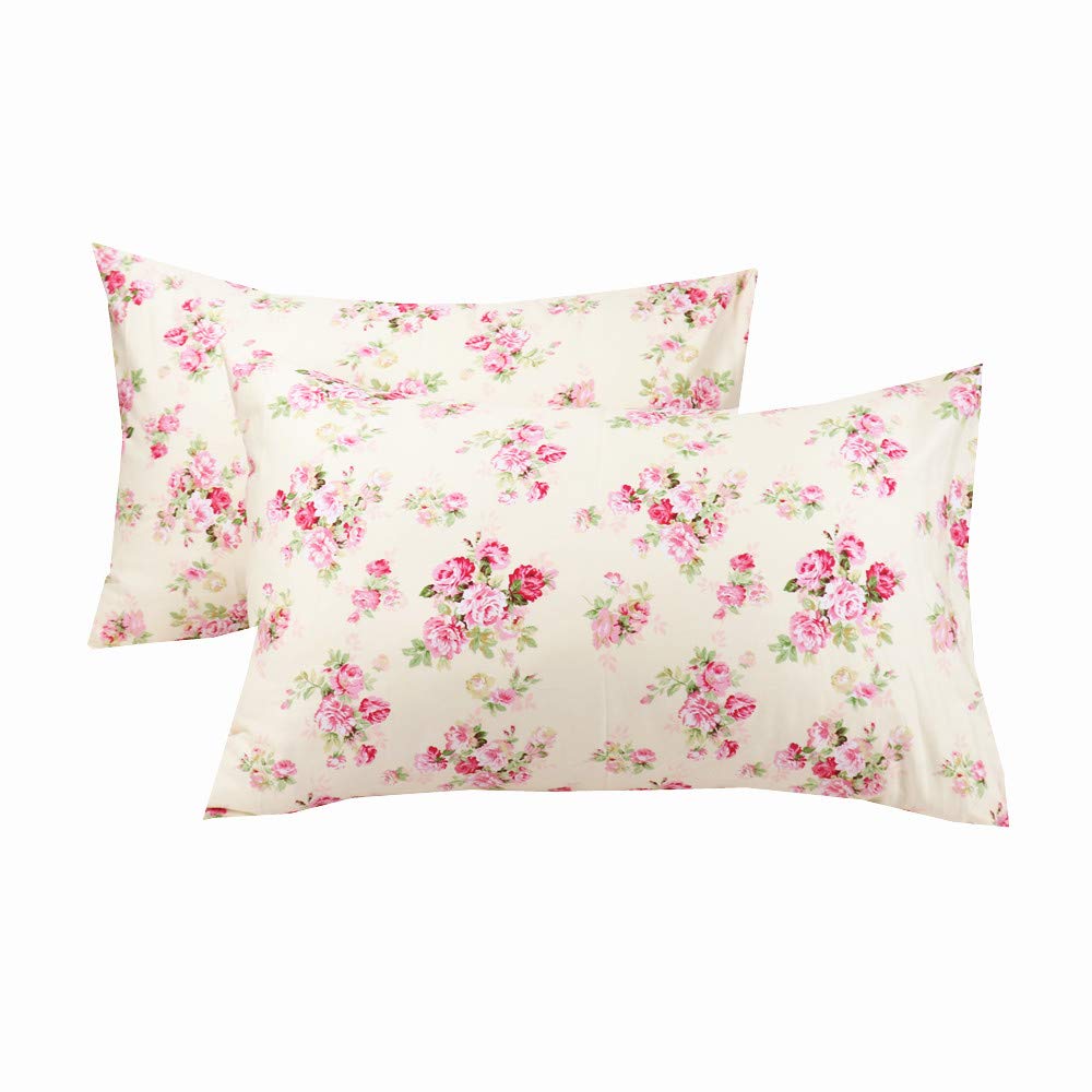 Cotton Pillow Cases Standard Size Set of 2, Flower Printed Queen Pillowcases, Premium Quality Machine Washable