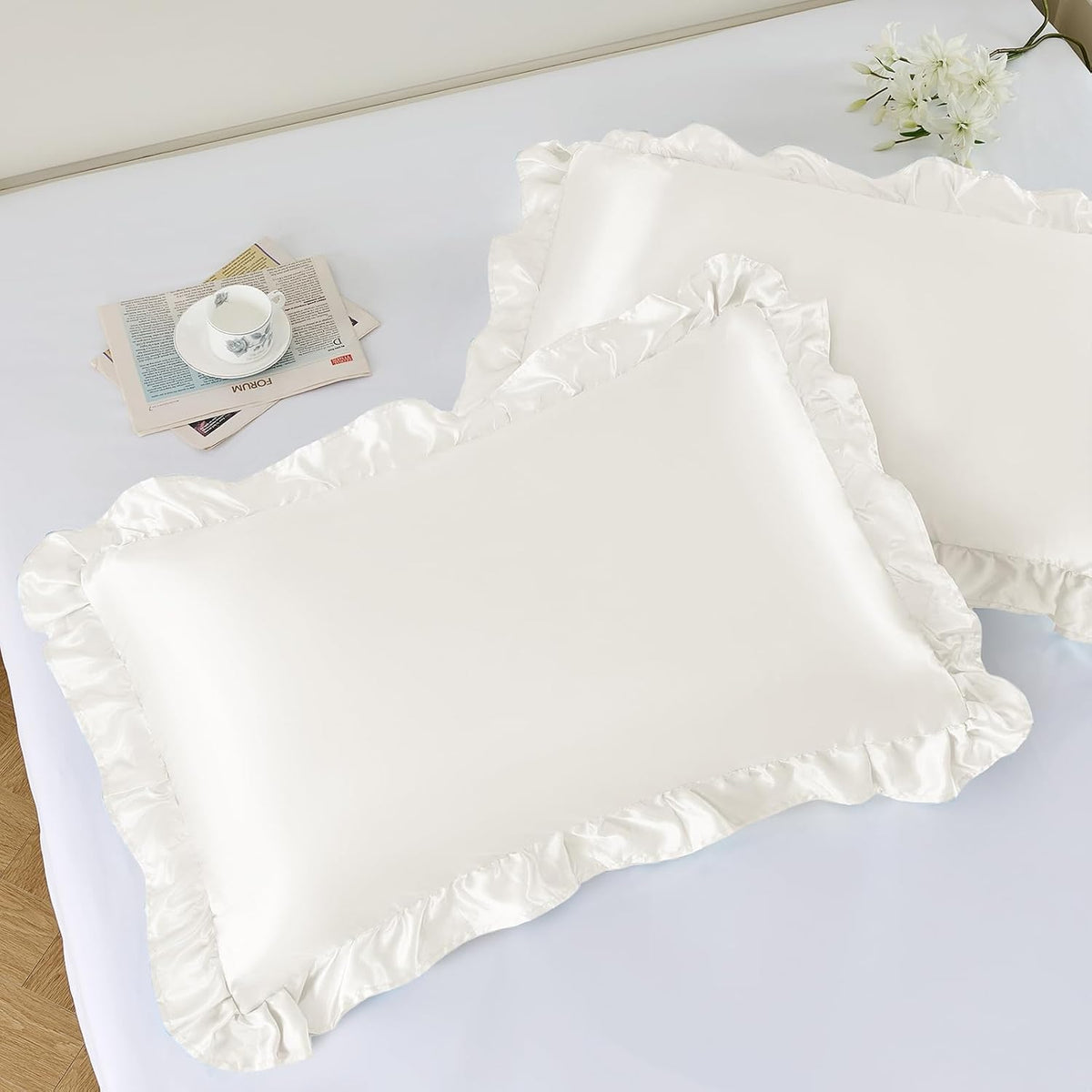 NSGZ Ruffled Satin Pillowcase Set of 2, Standard 20x26 Inch, Ivory White