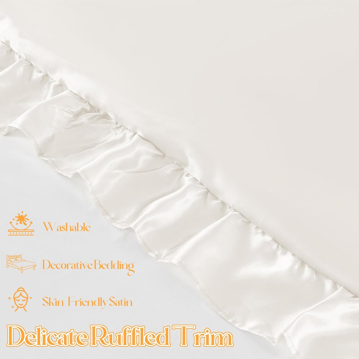 NSGZ Ruffled Satin Pillowcase Set of 2, Standard 20x26 Inch, Ivory White