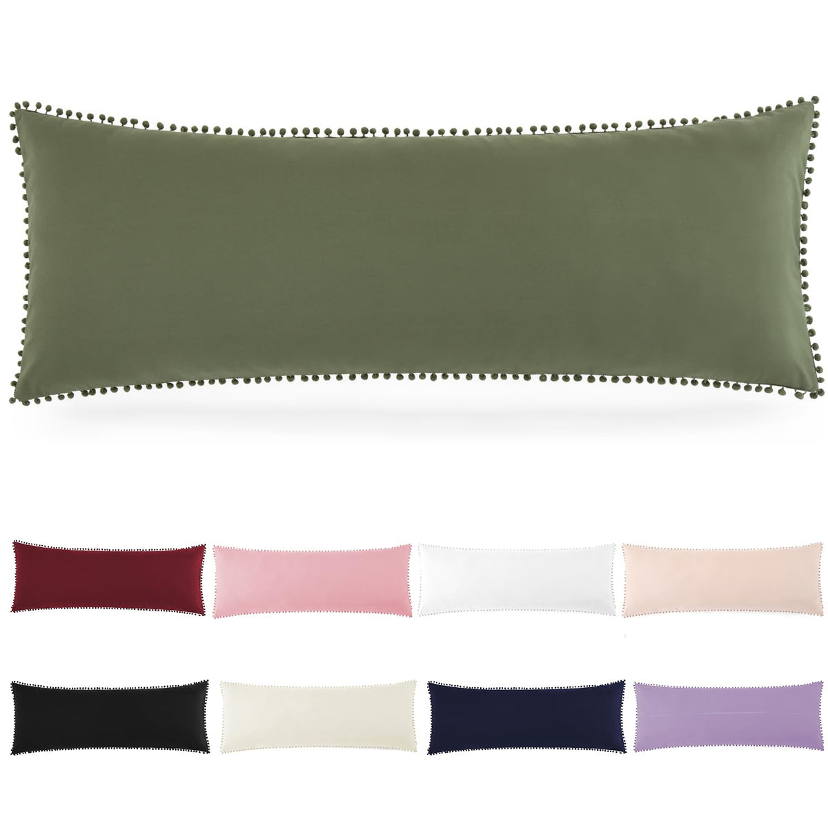 Pom Poms Pillow Shams King Size Set of 2, Olive Green Decorative Pillowcases with Envelope Closure, Soft Microfiber Shams Cover with Pom Pom Trim, Wrinkle Resistant (20 x 36 Inches)