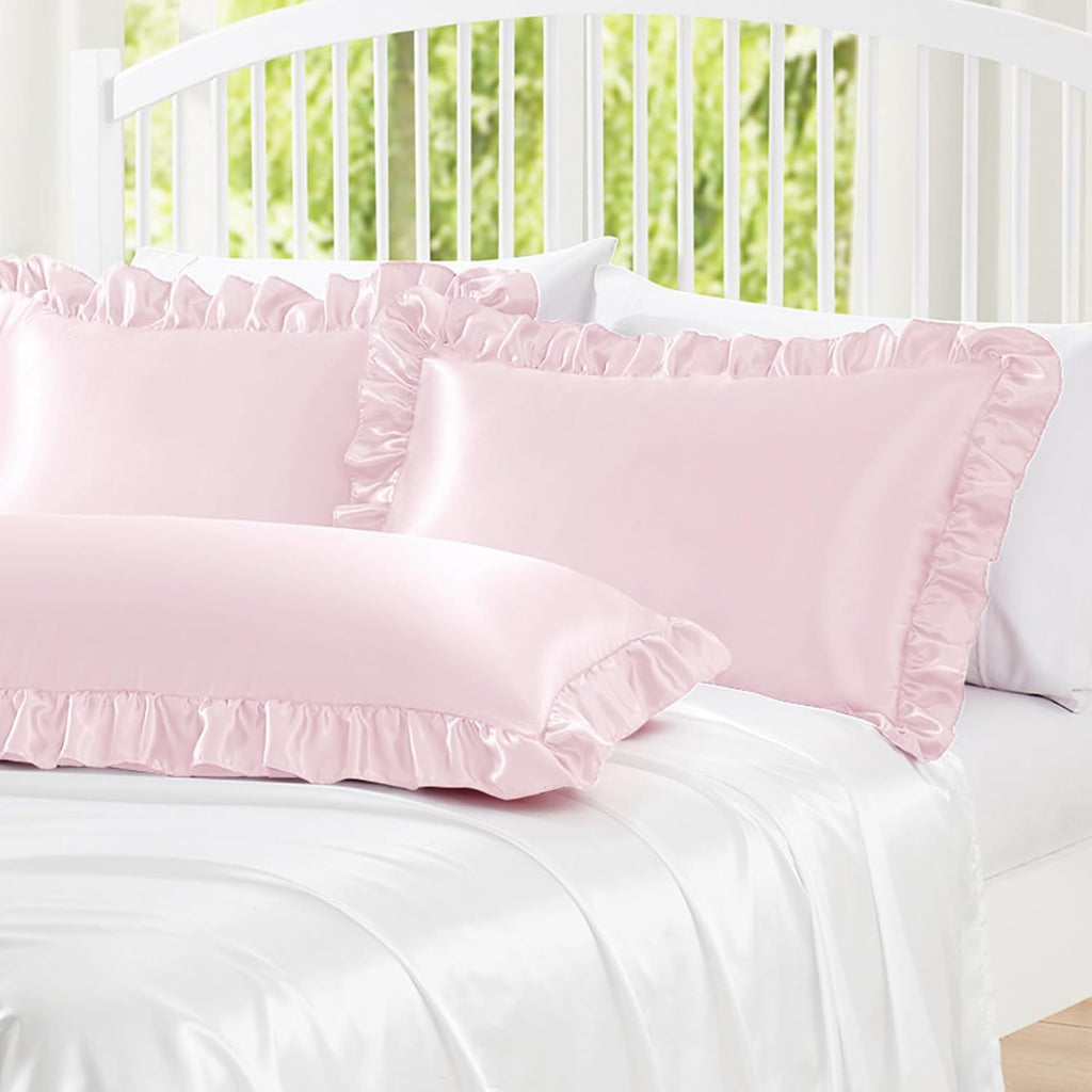Homiest Blush Pink Ruffle Satin Pillowcase Set of 2, Standard