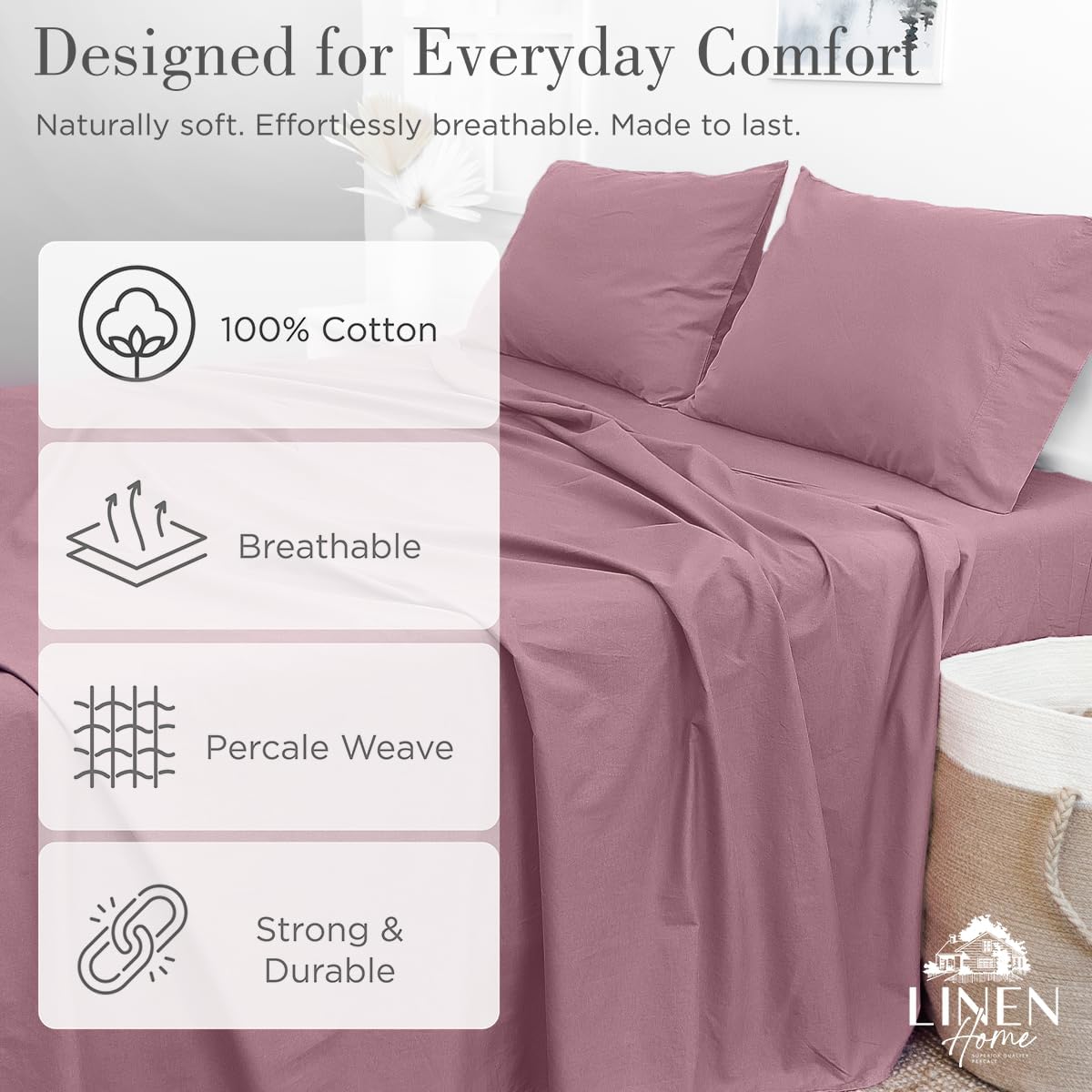 Linen Home Classic 100% Cotton Percale Pillowcases Queen Size, 2 Pieces, Crisp Cool All-Season Breathable Pillowcases, Hotel Luxury, Long-Staple Combed Cotton, Pink Mauve, 20 x 30 Inches