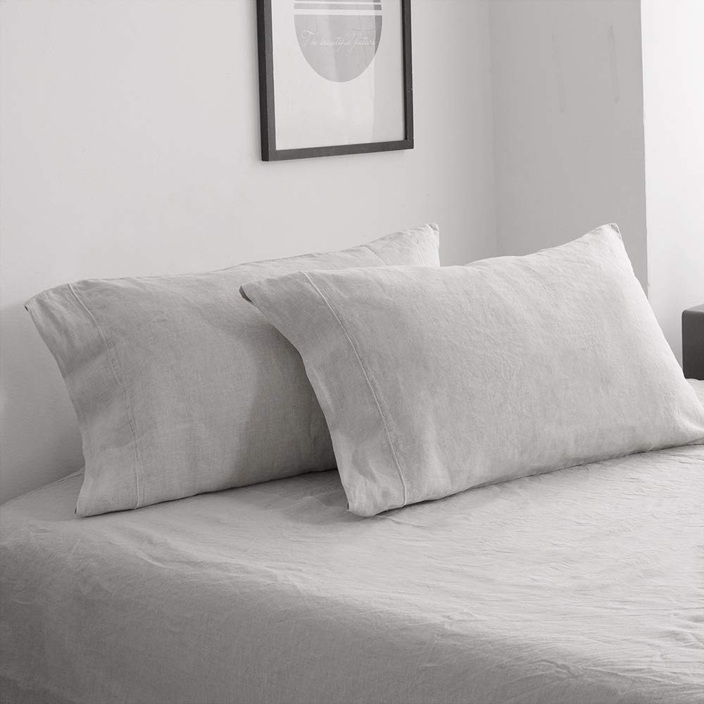 Simple&Opulence 100% French Linen Pillowcase Queen Size-Set of 2- Washed Solid Color Pillow Cases Embroidered -Soft and Durable (Linen, 20''x30'')