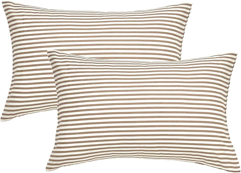 JELLYMONI Cotton Classic Striped Pillowcases Set of 2, Tan, Standard