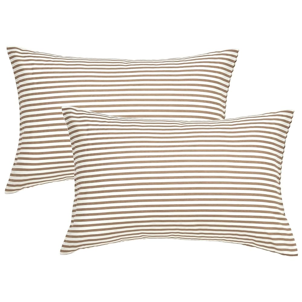 JELLYMONI Cotton Classic Striped Pillowcases Set of 2, Tan, Standard