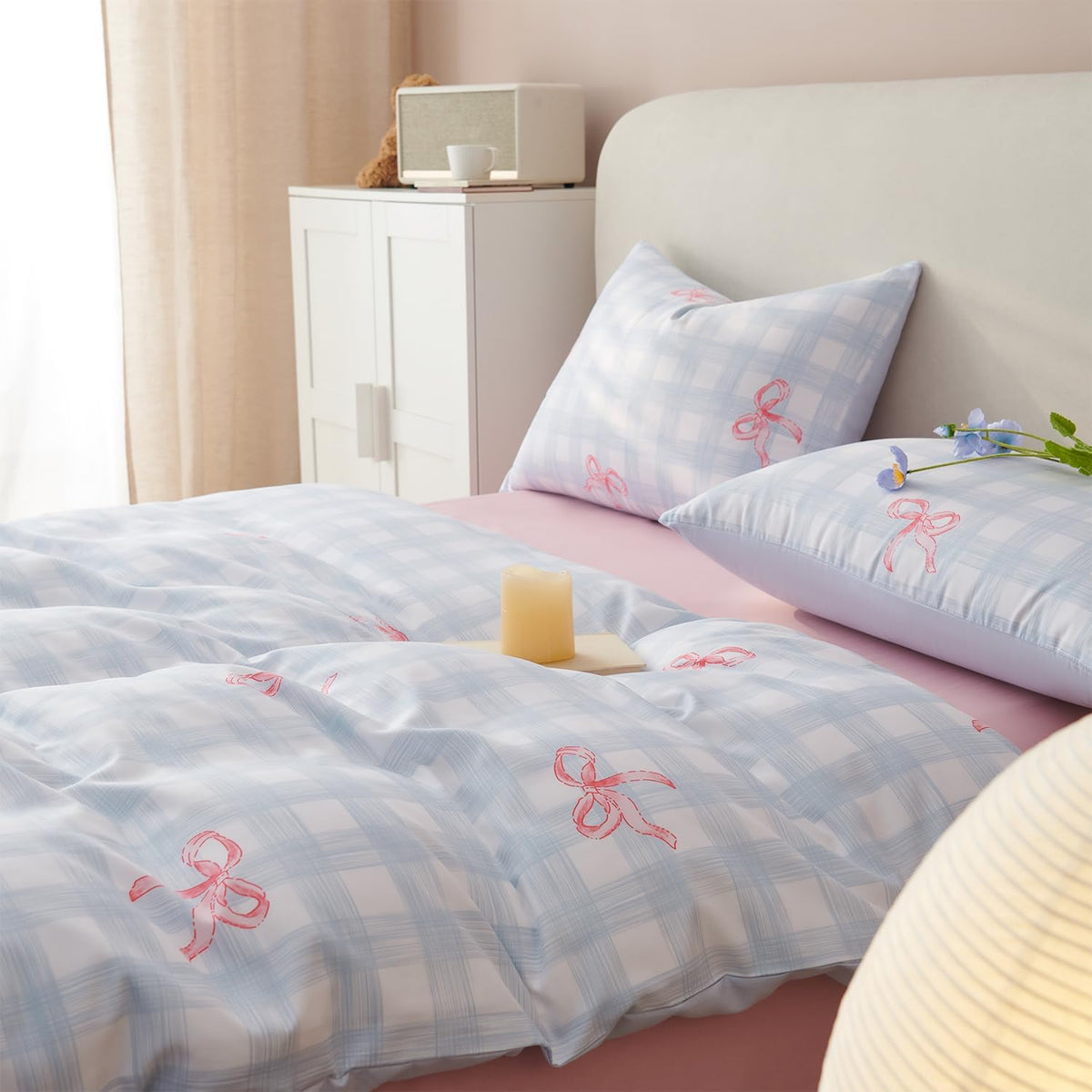 Plaid Comforter Set Full Blue Gingham Pink Bow Bedding Set