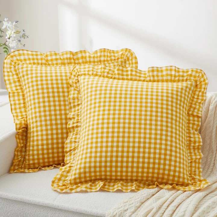 KKJIAF 2 Pcs Plaid Ruffle Pillow Case Standard Size, Sage Green Plaid