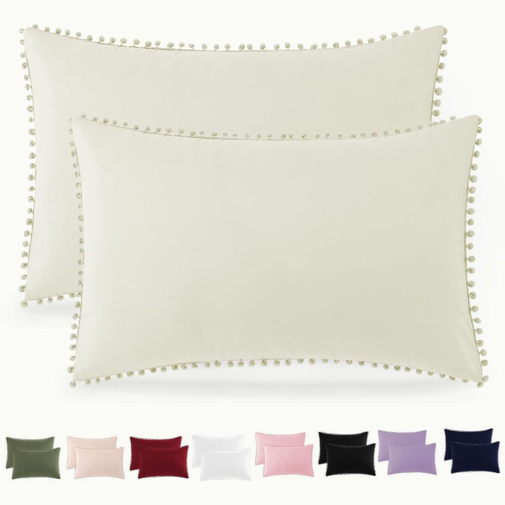 Pom Poms Pillow Shams King Size Set of 2, Olive Green Decorative Pillowcases with Envelope Closure, Soft Microfiber Shams Cover with Pom Pom Trim, Wrinkle Resistant (20 x 36 Inches)