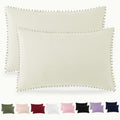 Pom Poms Pillow Shams King Size Set of 2, Olive Green Decorative Pillowcases with Envelope Closure, Soft Microfiber Shams Cover with Pom Pom Trim, Wrinkle Resistant (20 x 36 Inches)