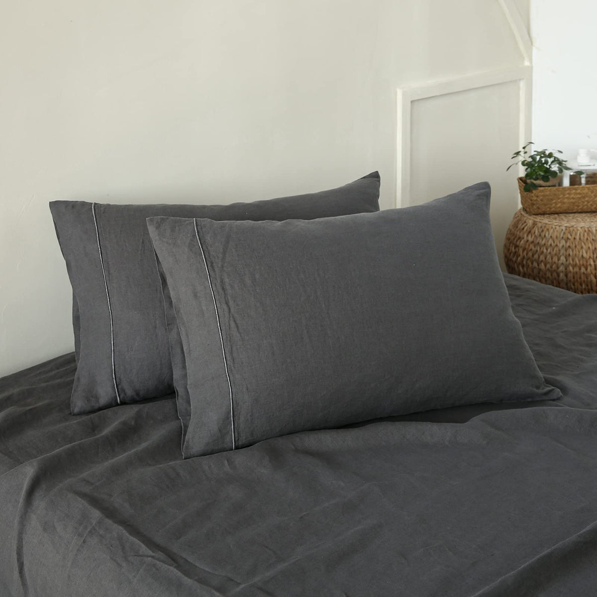 Simple&Opulence 100% French Linen Pillowcase Queen Size-Set of 2- Washed Solid Color Pillow Cases Embroidered -Soft and Durable (Linen, 20''x30'')