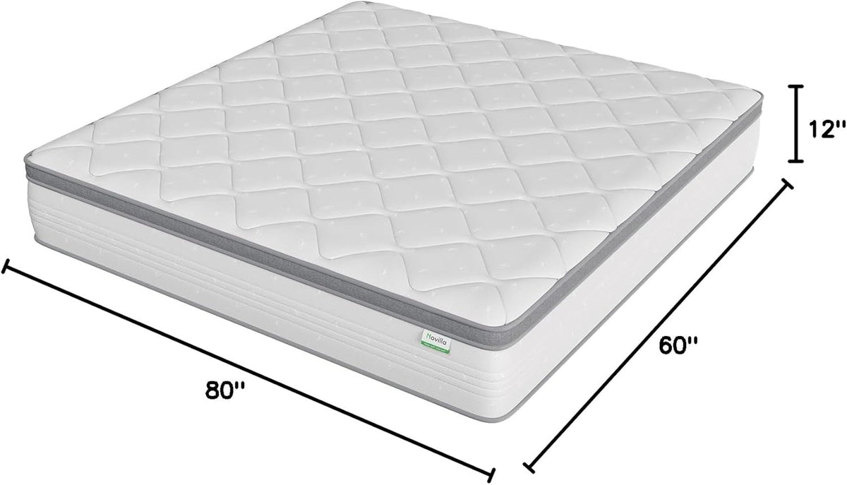 Novilla Queen Mattress, 12 Inch Hybrid Mattress Queen with Comfort Foam|Innerspring Pillow Top Mattresses in a Box, Pressure & Pain Relief, Soft Feel but Supportive, CertiPUR-US