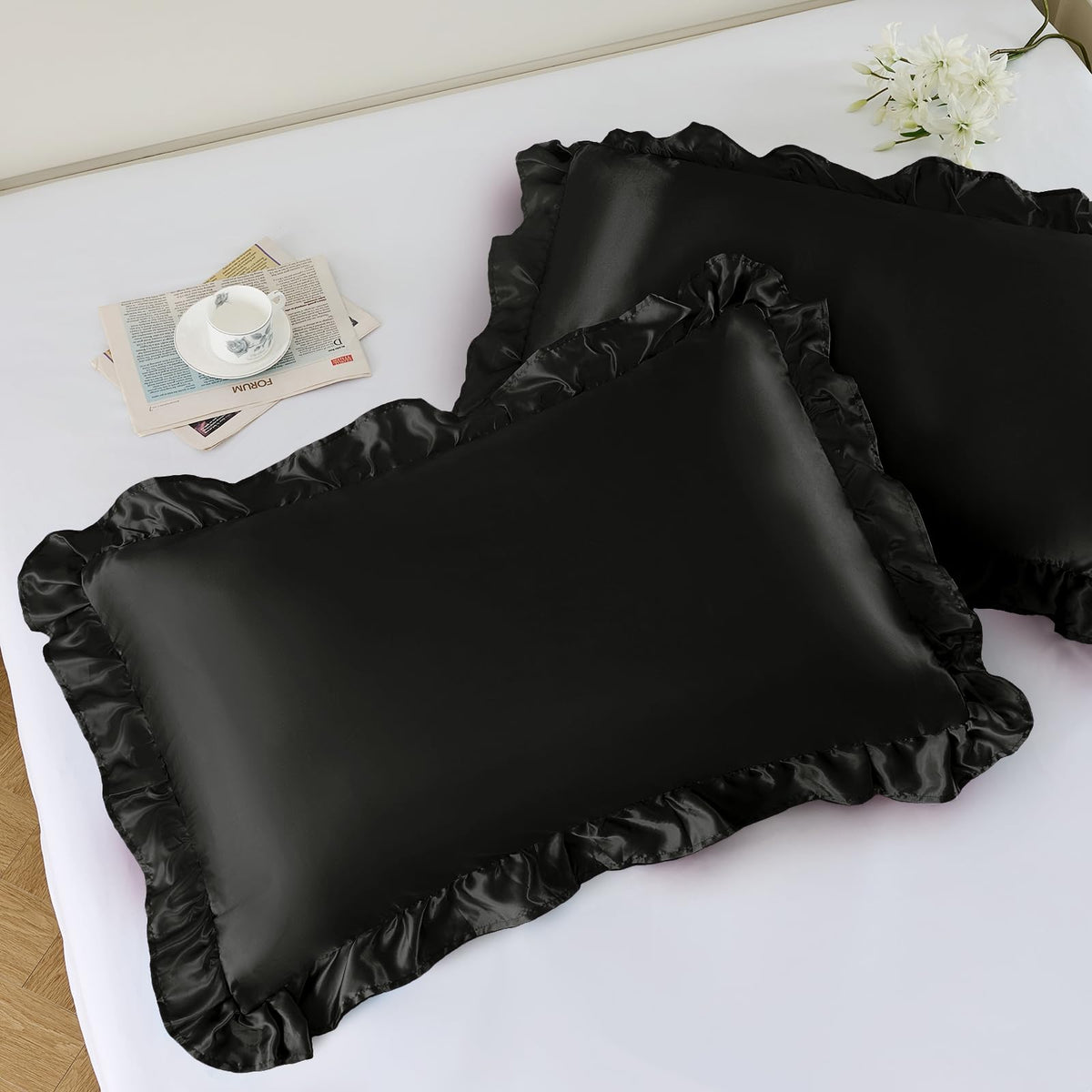 NSGZ Ruffled Satin Pillowcase Set of 2, Standard 20x26 Inch, Ivory White
