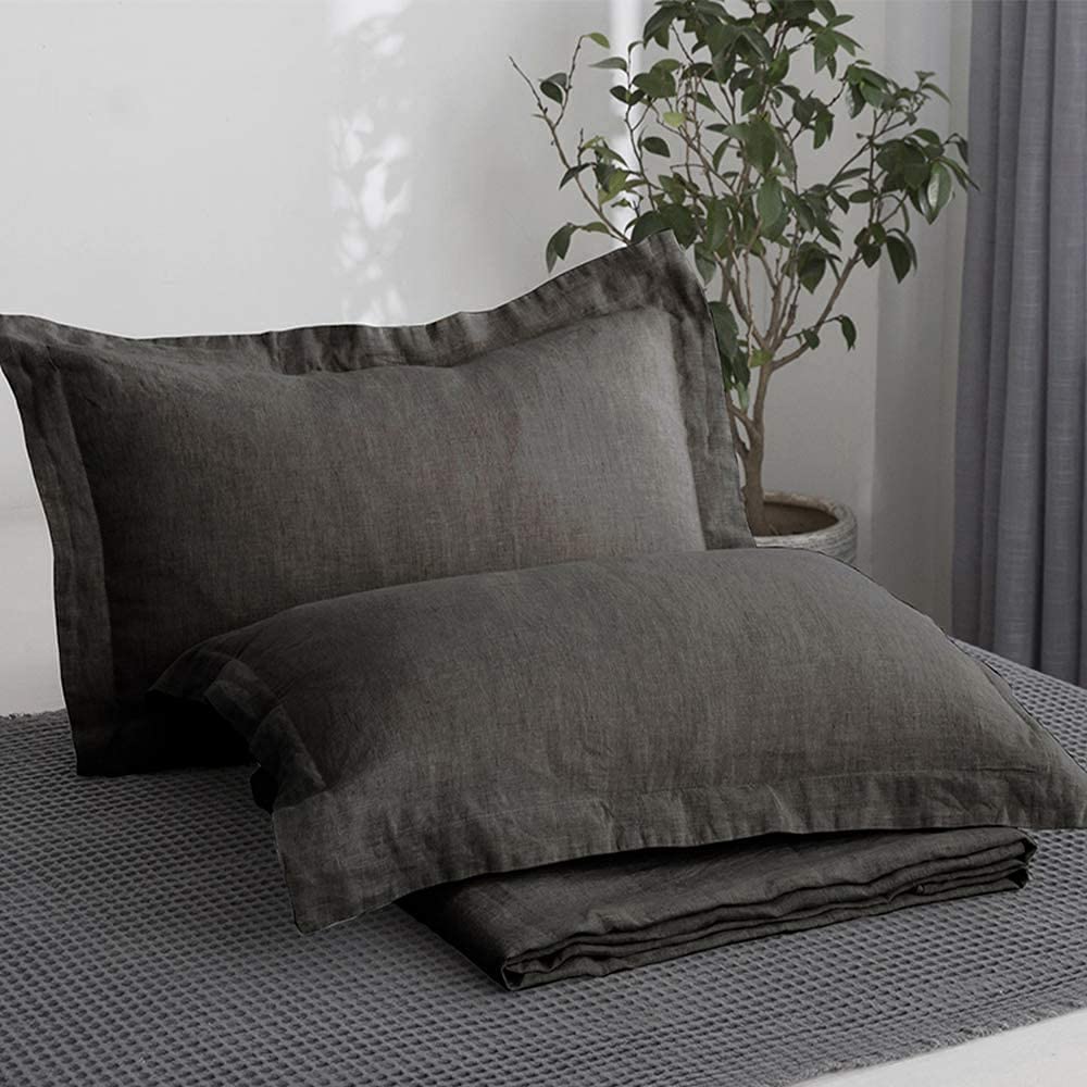Simple&Opulence 100% French Linen Pillowcase Queen Size-Set of 2- Washed Solid Color Pillow Cases Embroidered -Soft and Durable (Linen, 20''x30'')
