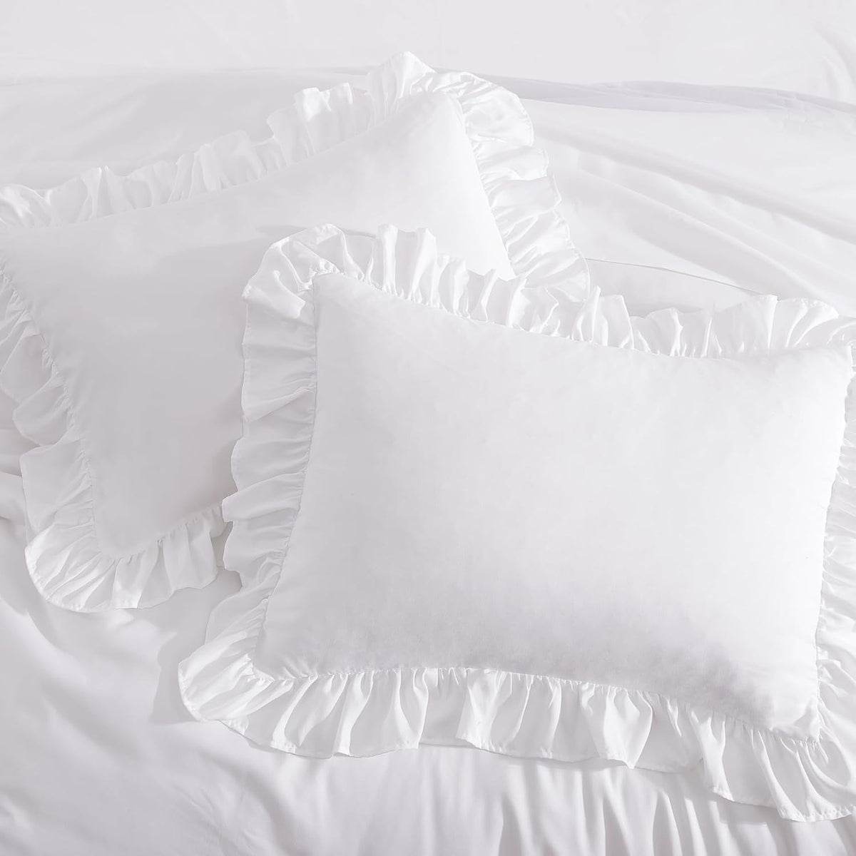 AMBERSPACE Queen Comforter Set White Ruffle 7 Pieces Farmhouse Bed in a Bag
