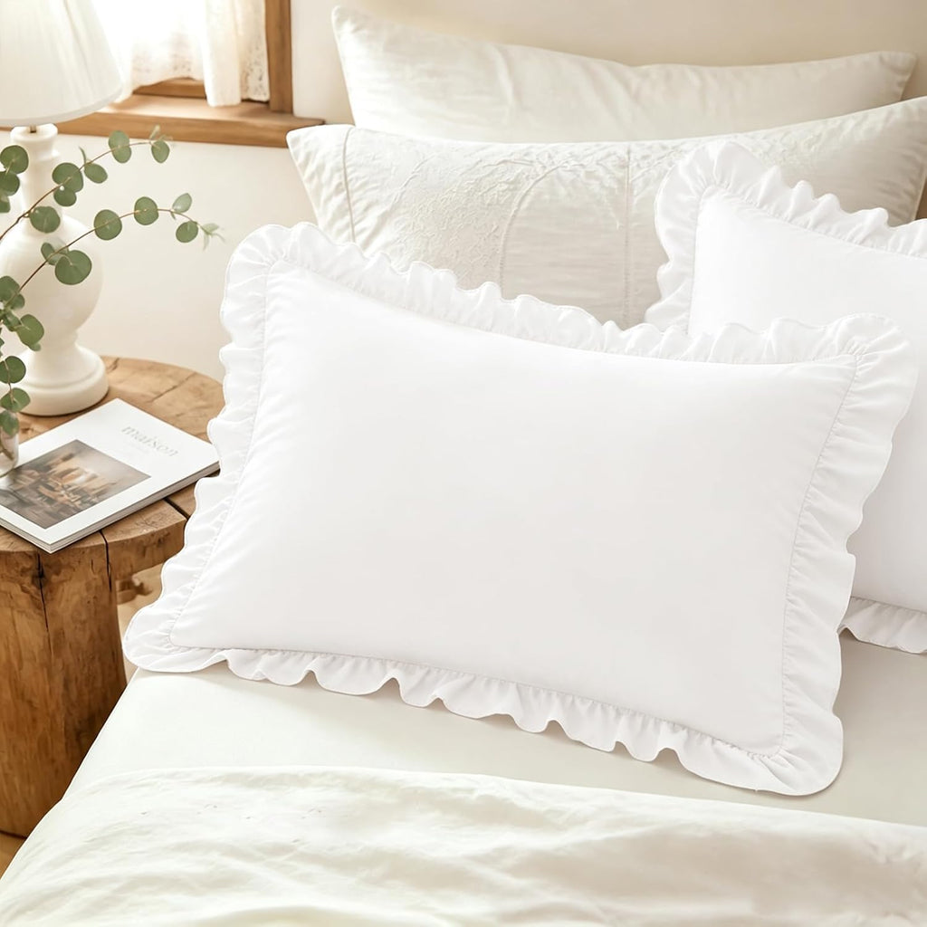 Homiest Ruffle Pillow Cases Standard Set of 2, White, 20x26 in