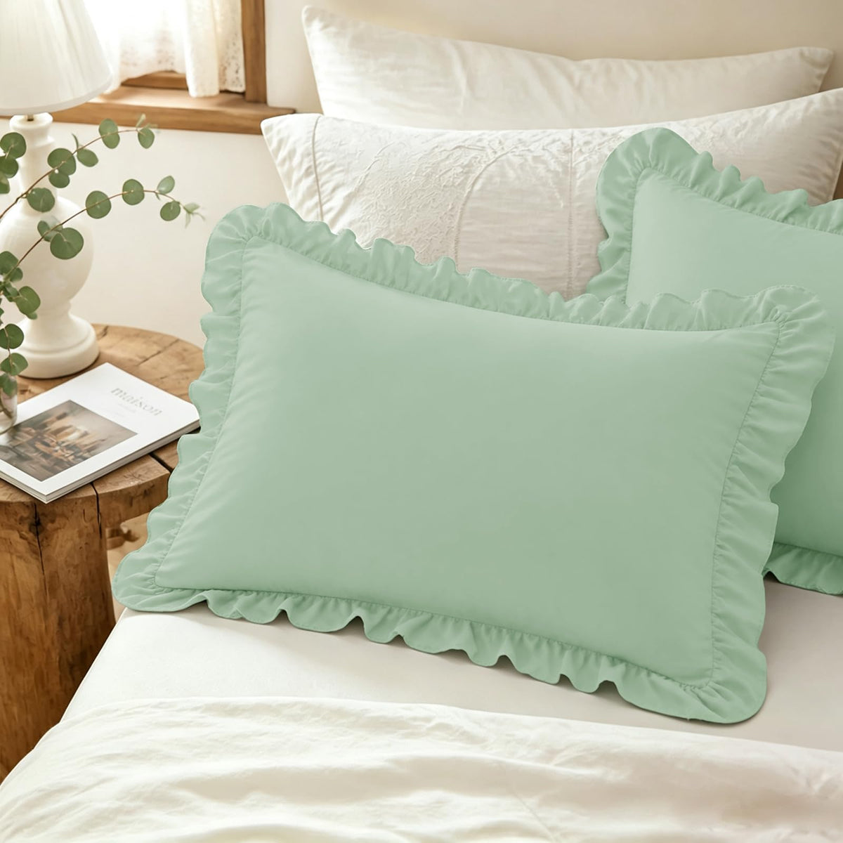 Homiest Ruffle Pillow Cases Standard Set of 2, White, 20x26 in