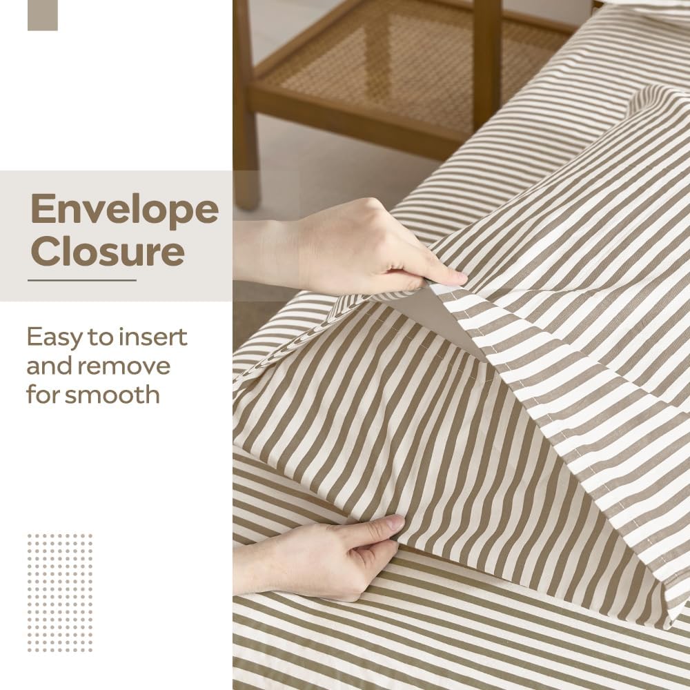 JELLYMONI Cotton Classic Striped Pillowcases Set of 2, Tan, Standard