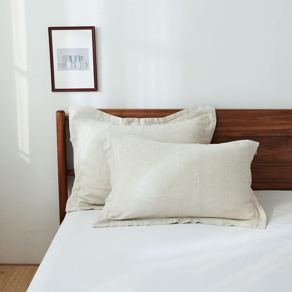 Simple&Opulence 100% French Linen Pillowcase Queen Size-Set of 2- Washed Solid Color Pillow Cases Embroidered -Soft and Durable (Linen, 20''x30'')